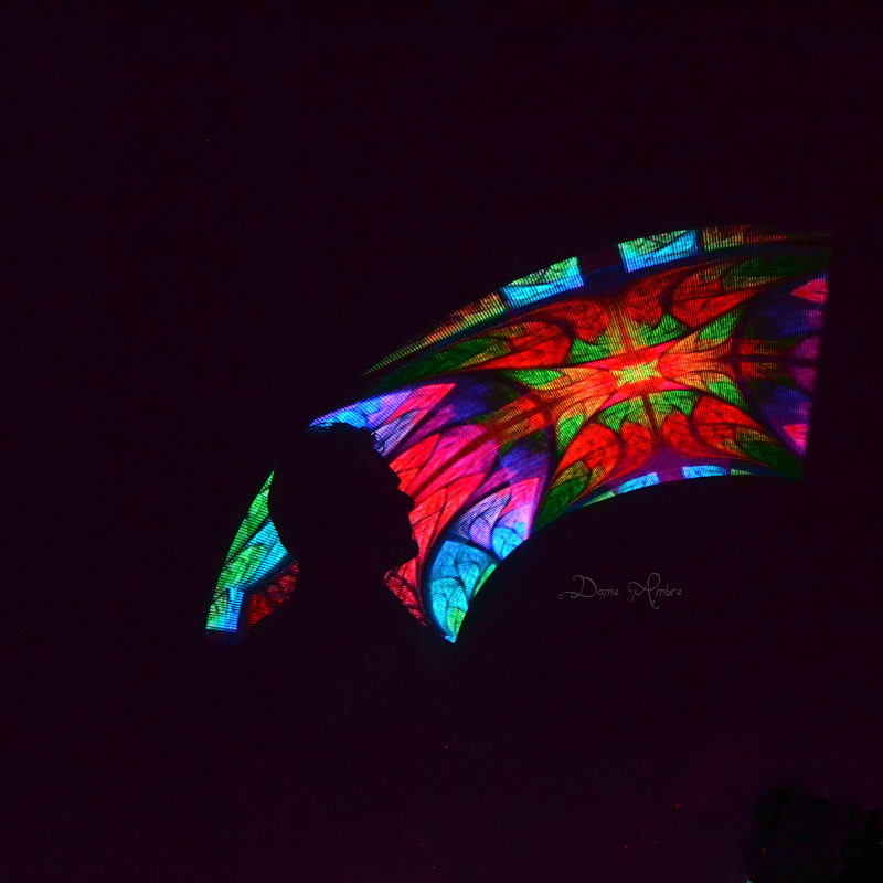 Le magicien du spectacle de bulles et lumière, pris dans un faisceau lumineux